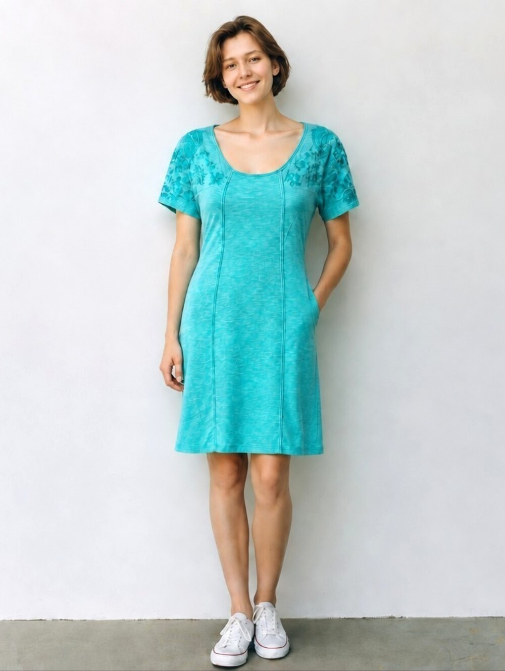 SOFT SURROUNDINGS Heathered Teal Gladstone A-Line Knee-Length Dress Lace Size XS